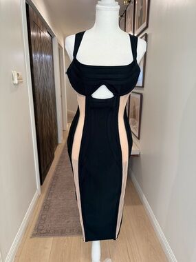 Fashion Nova Black and Nude Panel Midi Bodycon Dress